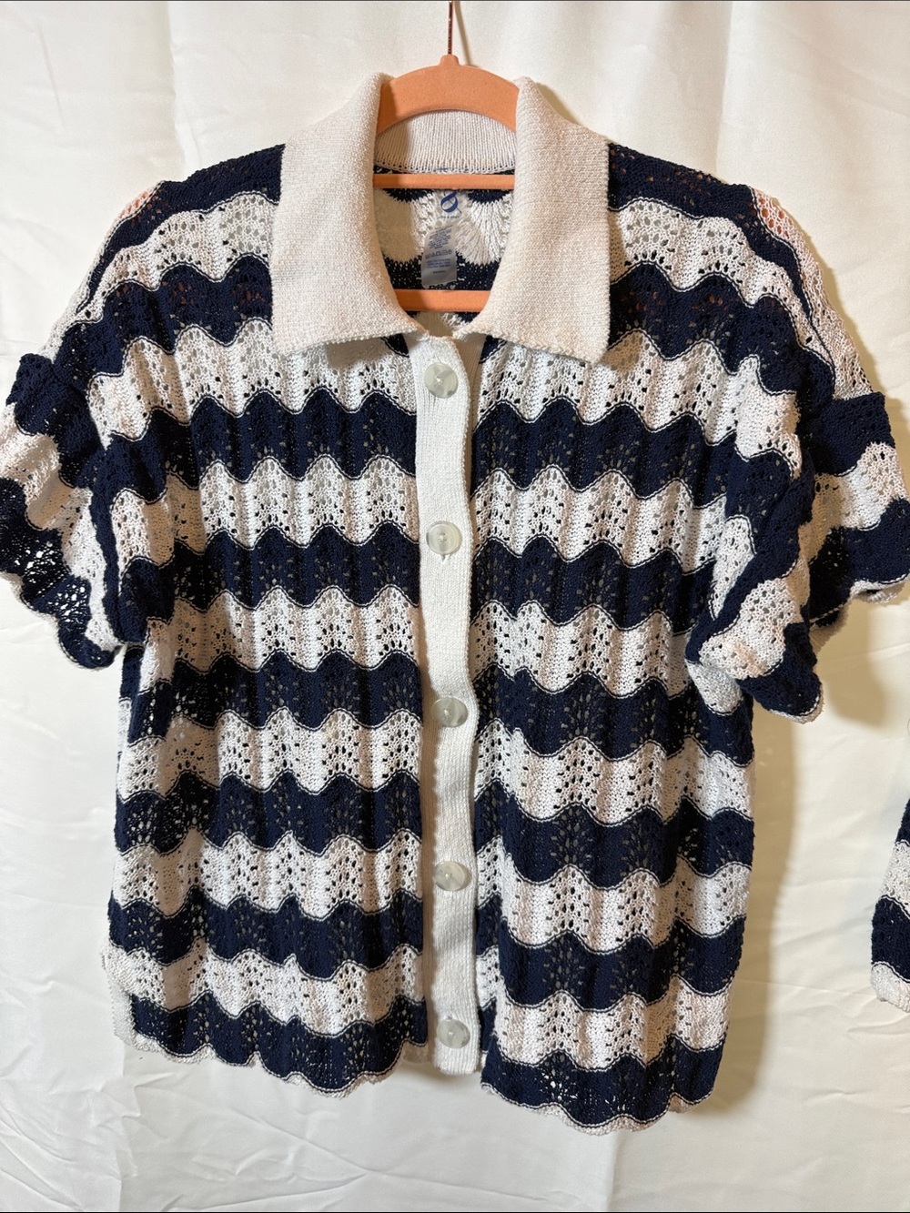 Lou & Grey Blue and Cream Short-Sleeve Button-Up Knit Cardigan